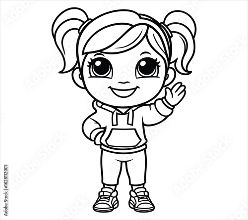 Happy Chibi Girl Waving Outline