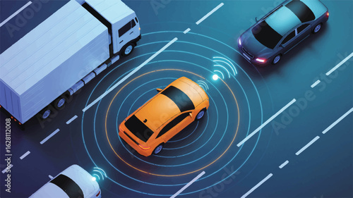 Orange car surrounded by sensors autonomous car self-driving