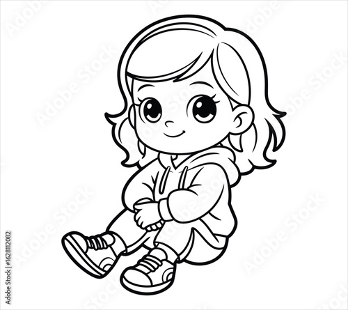 Kawaii Girl in Hoodie Outline Style