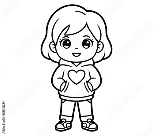 Kids Coloring Book Character — Girl in Hoodie