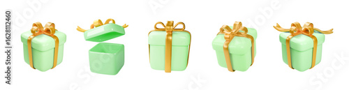 3d light green gift boxes open and closed set with golden ribbon bow isolated on a white background. 3d render holiday surprise box. Realistic icon for birthday or wedding invitations