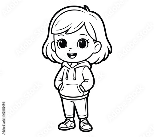 Side Ponytail Chibi Girl Line Art