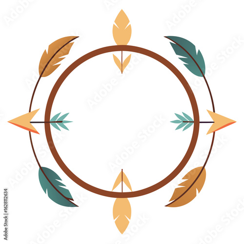 Bohemian circular frame design with decorative feathers and tribal arrows for artistic projects