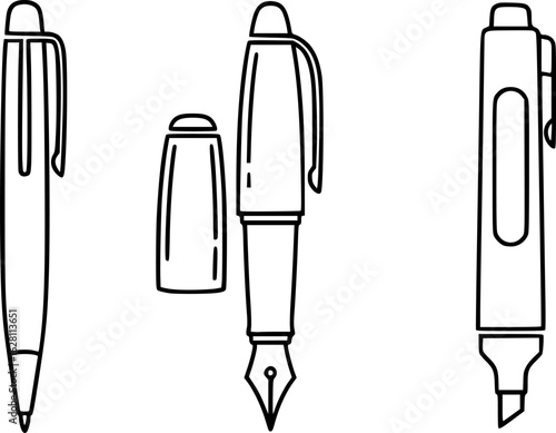 pen icon line art vector illustration, set of pens
