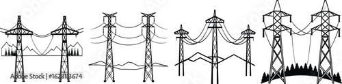 High Voltage Transmission Tower Vector Set. Electric Power Line Pylon Silhouette Collection.