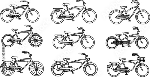 cruiser bike icon line art vector, set of bicycle icons

