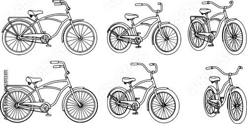 cruiser bike icon line art vector, set of bicycle icons
