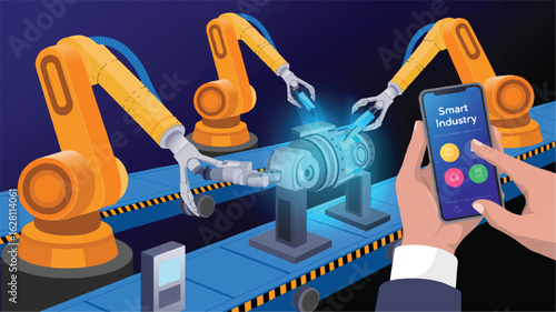 Robotic arms assemble futuristic machinery controlled by smartphone