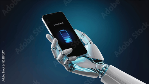 Robot holding smartphone with battery indicator hand
