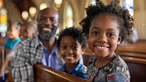 People at church service. Religious holiday. Church prayer. Black family in church.