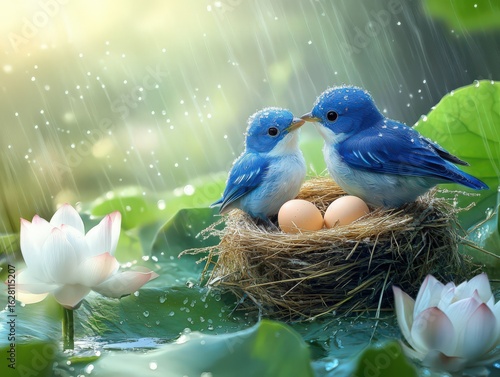 Blue Birds Nesting by Lotus in Rain: Healing & Fresh Nature Scene