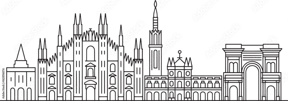 Fototapeta premium Milan Skyline Outline Vector Illustration Italy Cityscape Silhouette Design Template
