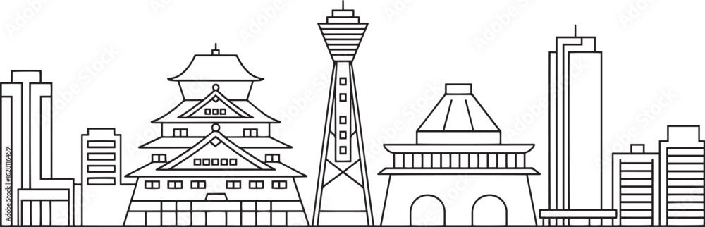 Fototapeta premium Osaka Japan Skyline Silhouette Vector Illustration with Detailed Landmarks and Cityscape Outline