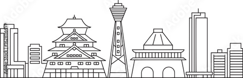 Osaka Japan Skyline Silhouette Vector Illustration with Detailed Landmarks and Cityscape Outline