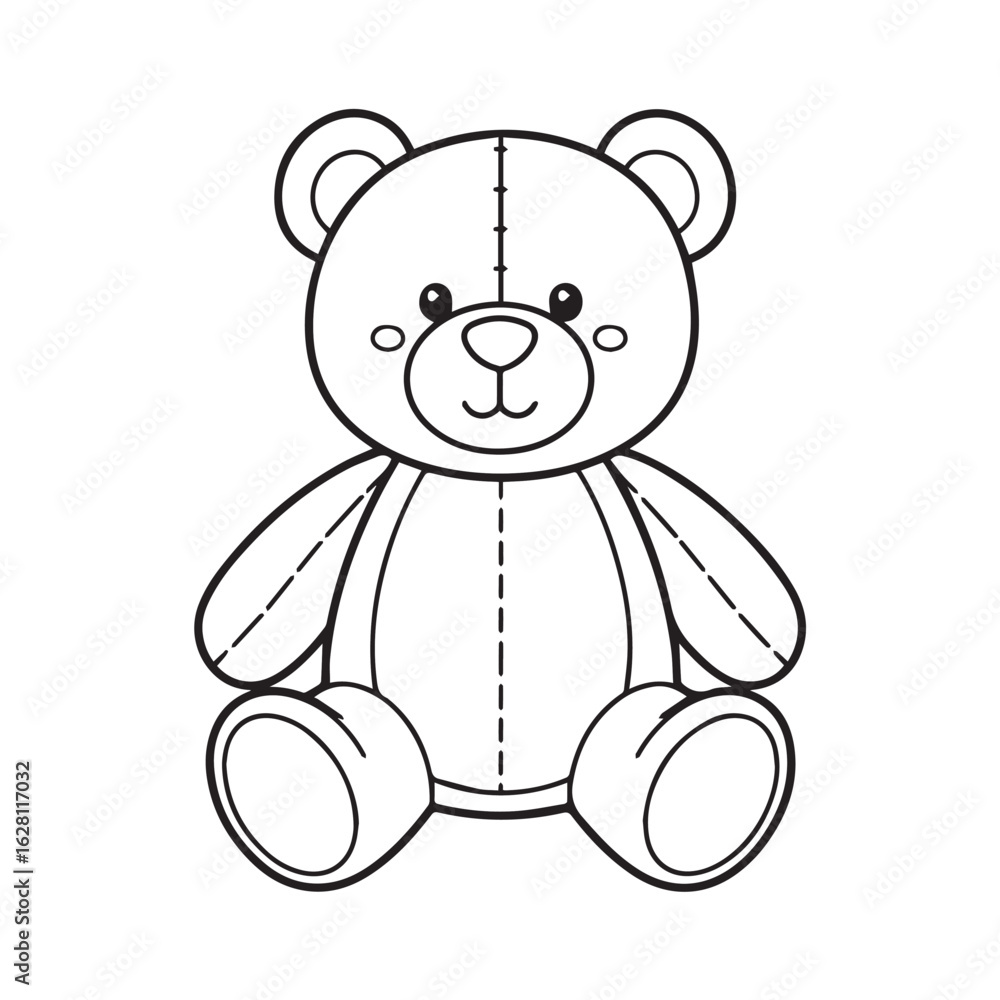 Obraz premium A simple black and white line art illustration of a cute, smiling, stitched teddy bear sitting down.