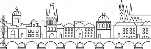 Prague Czech Republic Skyline Outline Vector Illustration with Bridge and Buildings in Europe