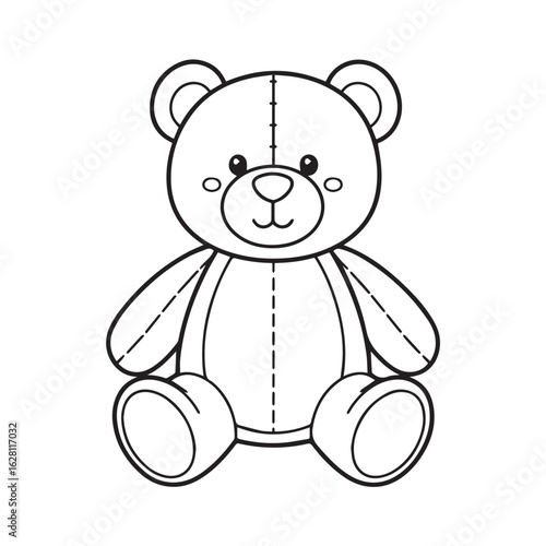 A simple black and white line art illustration of a cute, smiling, stitched teddy bear sitting down.
