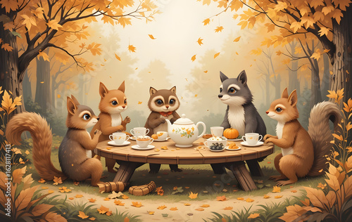 Festive Fall Social: Adorable Squirrels and Raccoon Sharing Tea and Treats