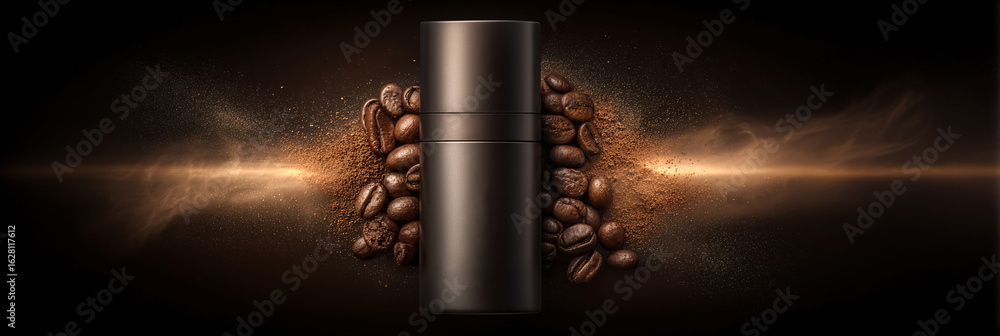 Obraz premium Confezione cosmetica di colore scuro su fondo di chicchi di caffè