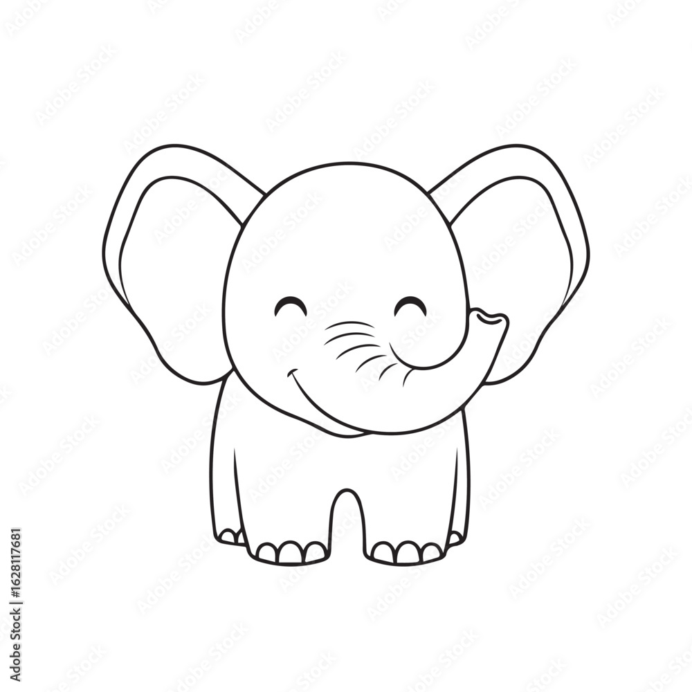 Naklejka premium A charming cartoon illustration of a happy baby elephant with large ears and a curved trunk, presented in a simple outline style.