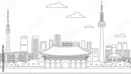 Seoul Skyline Outline Vector Illustration South Korea Cityscape Silhouette Line Art Asian City
