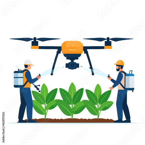 Vector illustration of a yellow agricultural drone and two farmers spraying young green plants, representing smart farming technology.