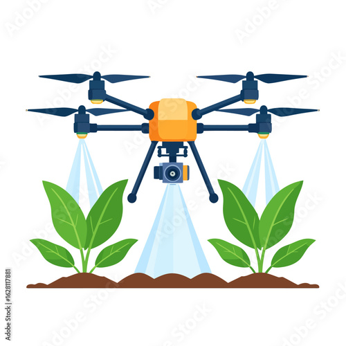 Agricultural quadcopter drone with camera spraying young green plants, illustrating smart farming technology.