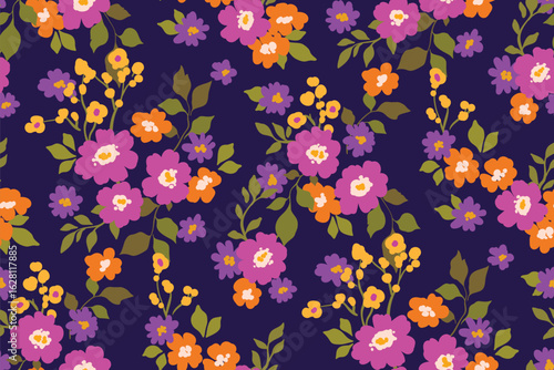 Seamless floral pattern, liberty ditsy print of hand drawn gentle garden in purple colors. Beautiful botanical design of small flowers, tiny twigs, leaves. Textile ditsy fashion, vector illustration.