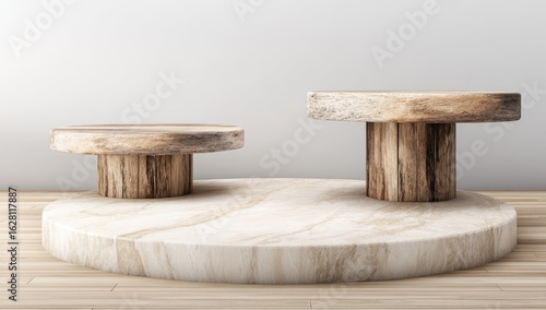 Two wooden circular display stands on a marble platform.