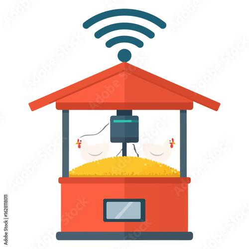 Smart Chicken Coop with Wi-Fi Symbol, Two White Chickens, and Red Structure