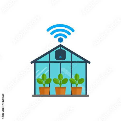 Smart greenhouse icon with Wi-Fi signal and sensor for automated plant cultivation.