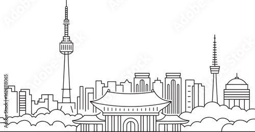 Seoul Skyline Outline Vector Illustration South Korea Cityscape Silhouette Line Art Asian City