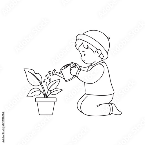 A simple black and white line drawing of a young boy kneeling and watering a potted plant.
