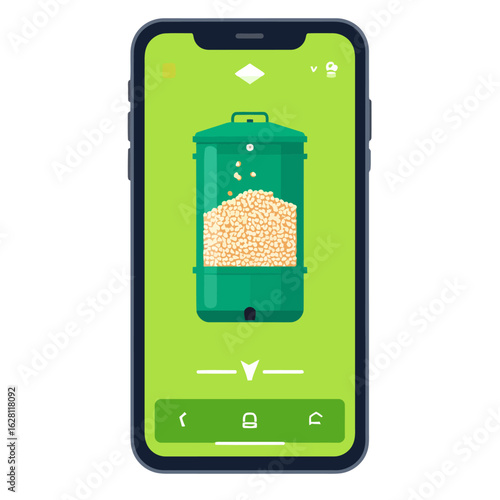 Modern smartphone displaying a smart pet feeder app with a green interface, showing kibble levels and dispensing food.