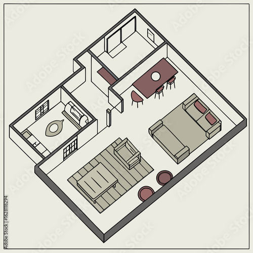 Isometric Floor Plan Illustration of a Cozy Apartment with Modern Furniture and Neutral Color Palette for Architectural Visualization