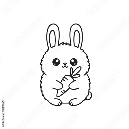 A cute, fluffy white cartoon bunny holding a carrot with big, expressive eyes.