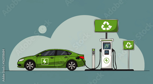 Green electric car charging at a sustainable electric vehicle fueling station.