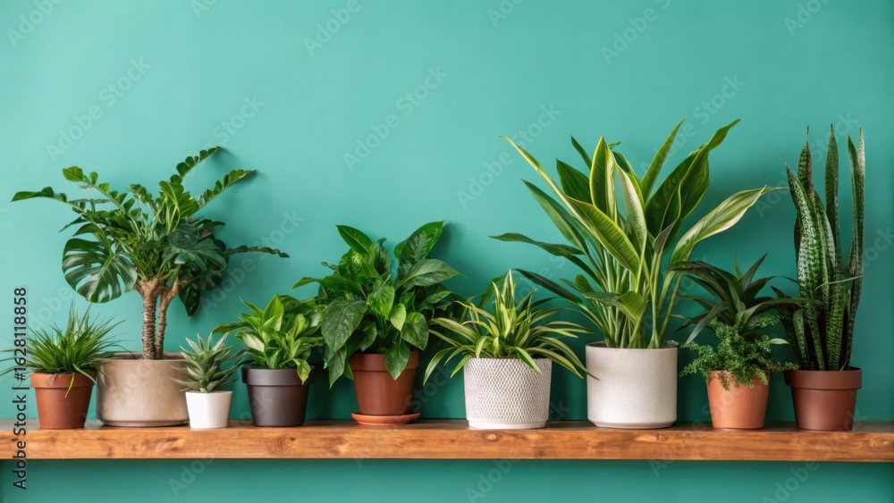 Fototapeta premium Lush green houseplants arranged on a wooden shelf
