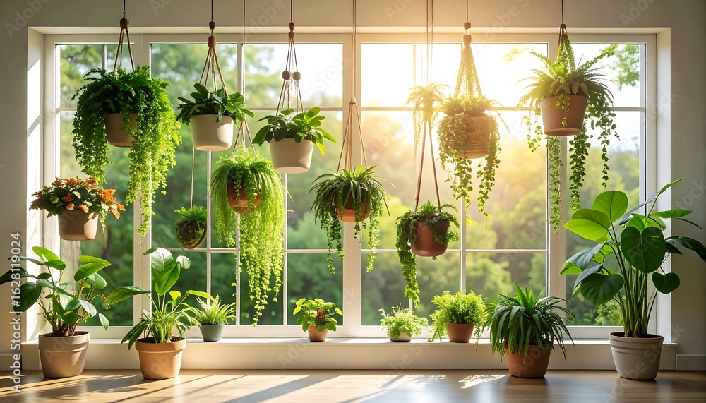 Fototapeta premium Lush indoor garden showcasing diverse houseplants basking in natural sunlight near window