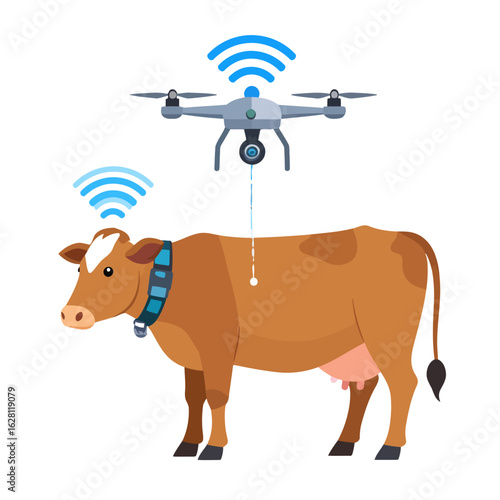 Smart farming illustration with a drone monitoring a brown cow wearing a smart collar.
