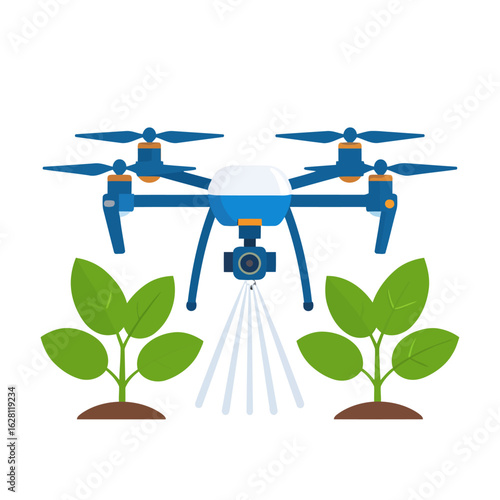 Blue agricultural quadcopter drone spraying liquid fertilizer on young green plants.