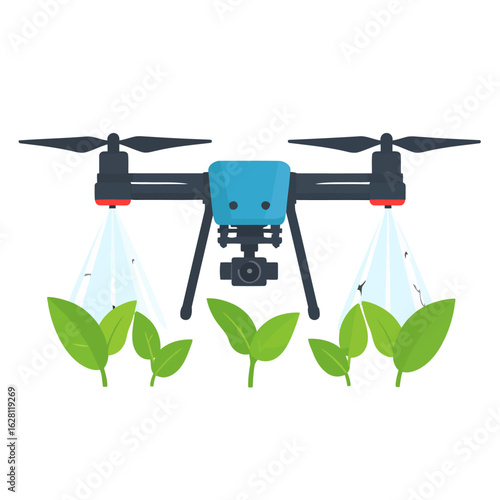 Agricultural quadcopter drone with a camera spraying liquid on green plant sprouts.