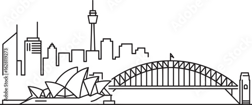 Sydney Australia Skyline Vector Illustration with Opera House and Harbour Bridge Outline