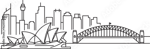 Sydney Australia Skyline Vector Illustration with Opera House and Harbour Bridge Outline
