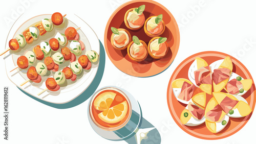 Overhead view of caprese skewers, stuffed orange cups, and deviled eggs on orange plates on a white table