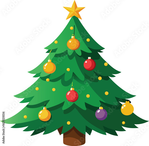 Realistic Christmas Tree With Glowing Ornaments Vector.
