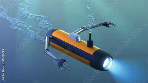 Yellow blue robotic submersible exploring underwater