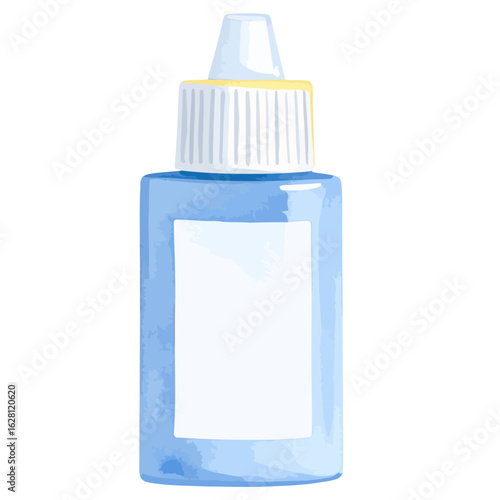 Blue watercolor illustration of a medical dropper bottle with a white ribbed cap and blank label.