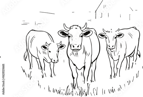 Pastoral Countryside Line Art Icons — Cows Grazing, Meadow Flowers, Trees, and Farmhouses in a Peaceful Rural Landscape