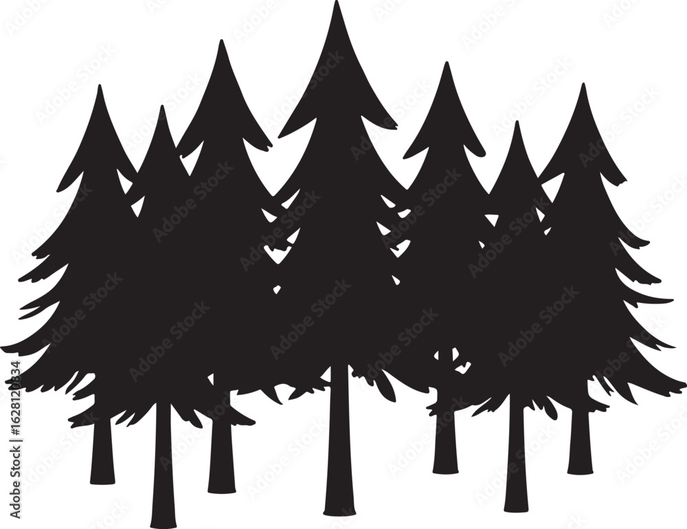 Obraz premium Dense Pine Tree Forest Silhouette VectorBlack and White Evergreen Woods IllustrationConifer Tree Cluster Forest Artwork